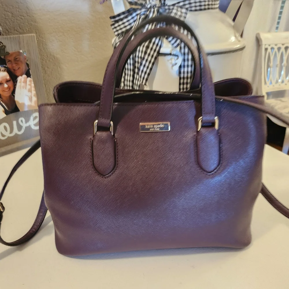 KATE SPADE NY SAFIANO LEATHER EVANGELIE LAUREL WAY SATCHEL-BURGUNDY 11.5×9.5 EUC - Picture 2 of 16